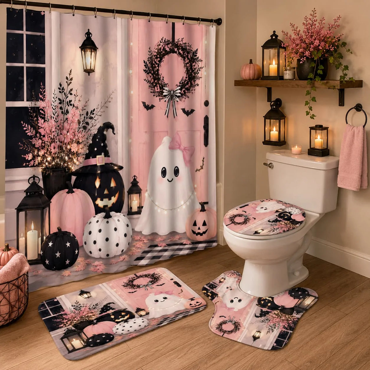 2D Flat, 4pcs 2D Flat Pink Halloween Shower Curtain Set, Cute Ghost Pumpkins Bathroom Decor, Additions with, U-Shaped, Toilet Lid Cover, Shower Curtain Includes Hooks, Spooky Season Decor, Home Decor, Bathroom Additions