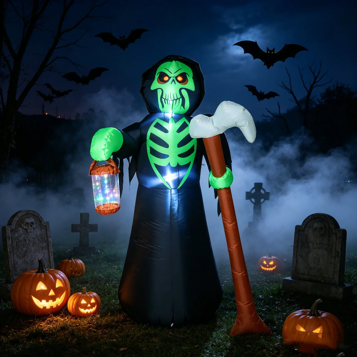 Halloween Inflatable Grim Reaper with LED Lights, Scythe & Lantern, Outdoor Yard Decoration, Pumpkin Ghost Tombstone Party Decor, Holiday Blow Up Ornament