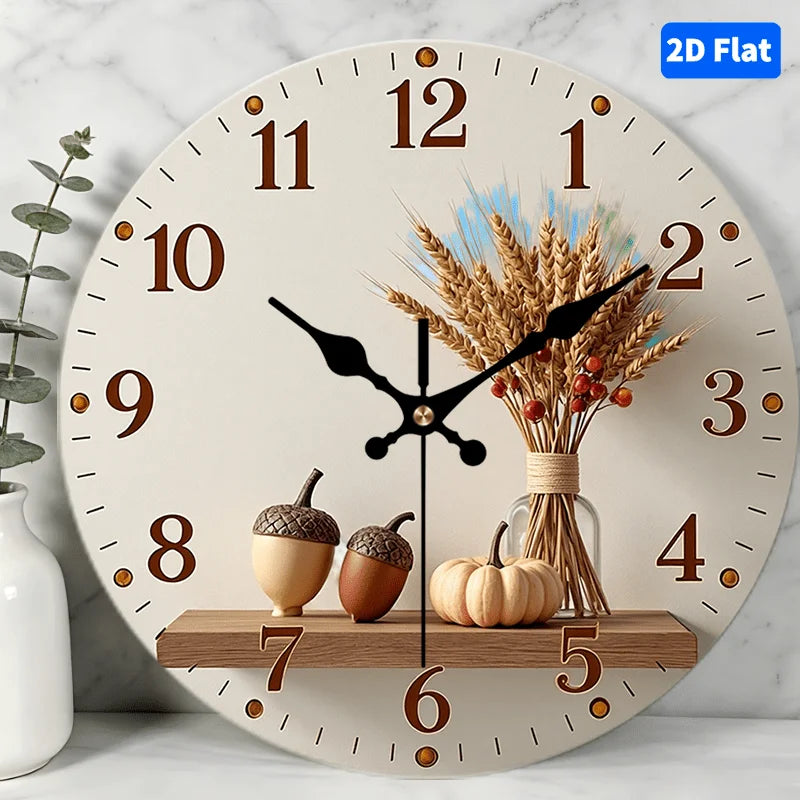 2D Flat. 1pc, Autumn Harvest Theme Wooden Wall Clock Silent Round Timepiece, Perfect Decor for Bedroom, Living Room, Office, Kitchen, And Bathroom, 12-Inch (AA Battery Not Included)