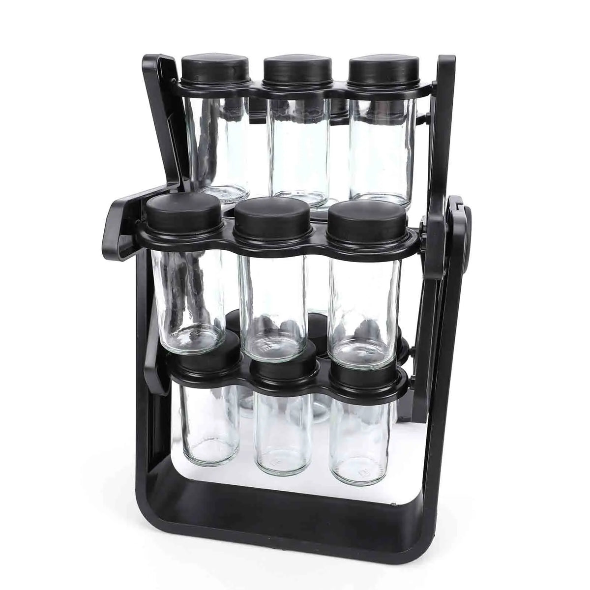 18 Jar Glass Spice Carousel Organizer 360° Revolving Spice Rack w Labels and Collapsible Funnel Space Saving Black Spice Holder