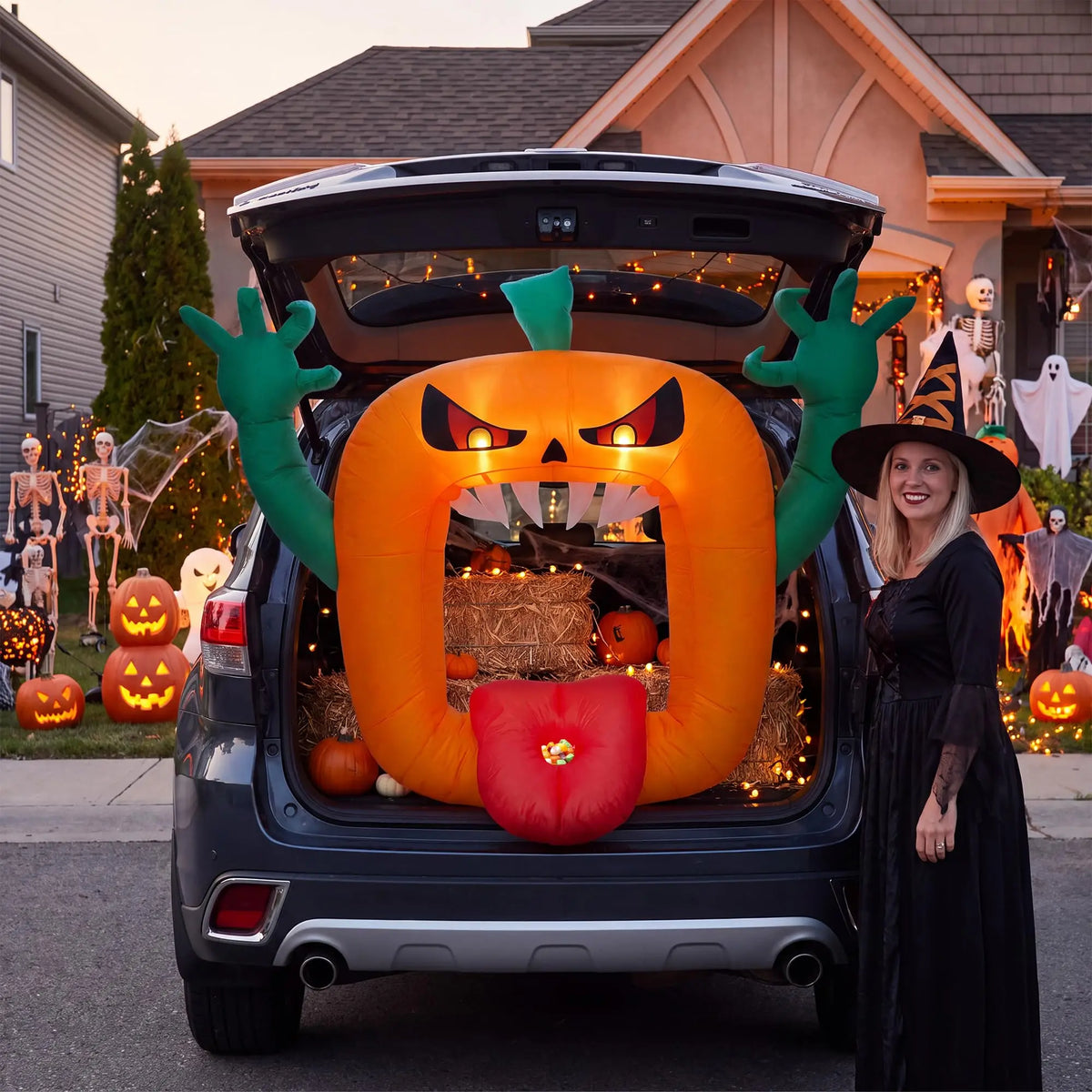 6FT Halloween Inflatable Pumpkin Trunk Or Treat Car Decoration With LED Lights, Blow Up Outdoor Toy For SUV Truck Yard Decor