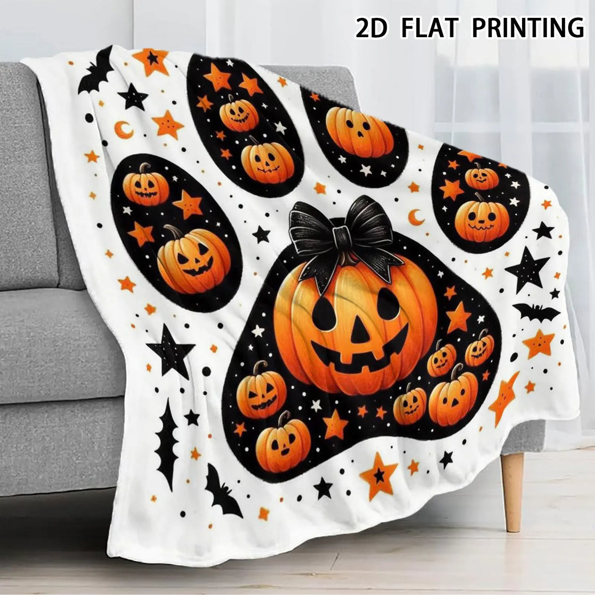 1pc, Halloween Paw Pumpkin Flannel Blanket, Cartoon Bowknot Design Printed Pattern, Camping Blanket, Nap Blanket, Outdoor Camping, Soft, Suitable for Sofas, Offices, All-Season Use, Birthday Gift