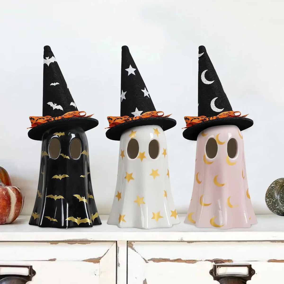 Halloween Decor Indoor, Set of 3 Ceramic Ghosts with Witch Hats, Cute Spooky Ghost Figurines for Mantel, Shelf & Tabletop Decor, Halloween Decorations