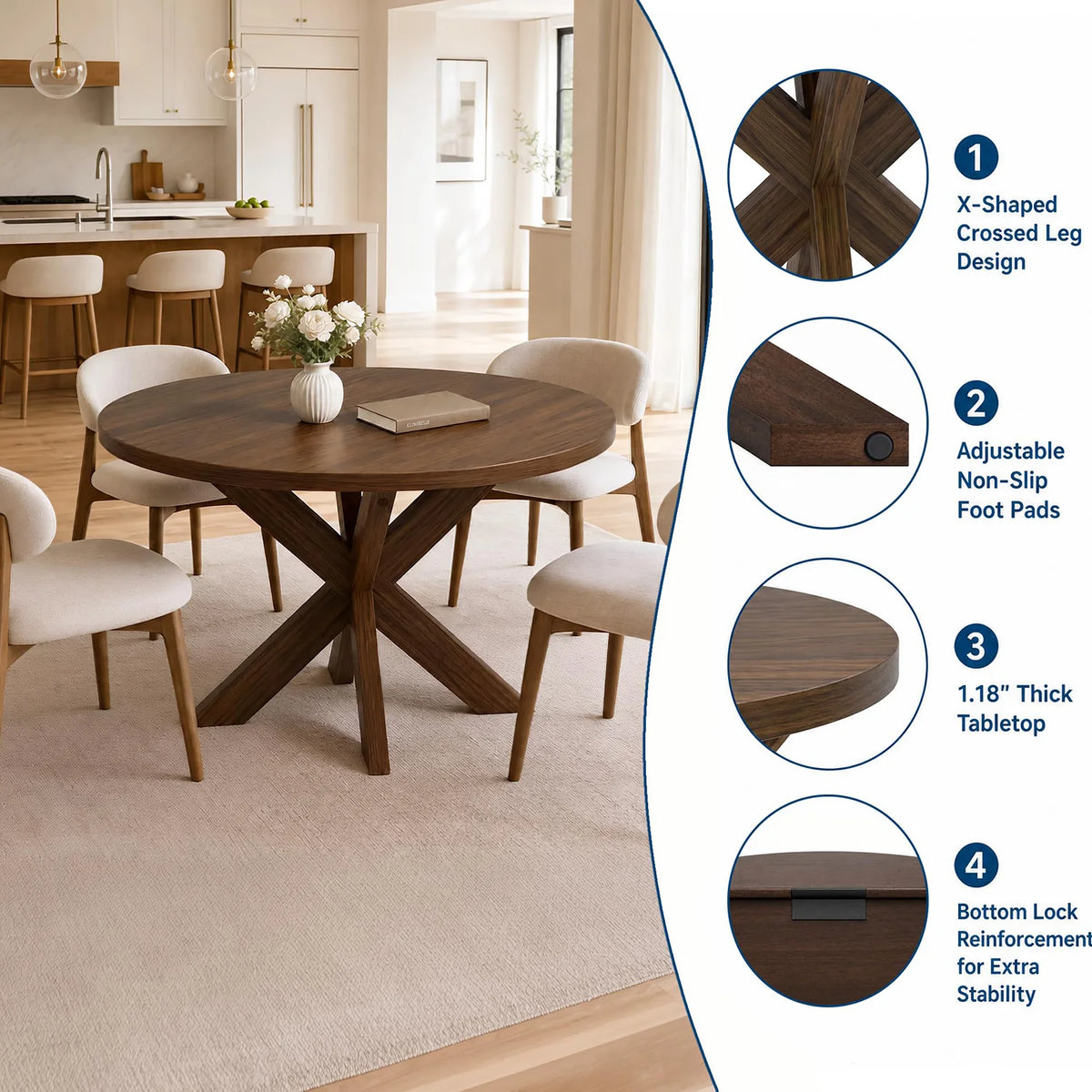 47" Round Dining Table For 4-6, Farmhouse Wood Kitchen Table With X Pedestal Base, Circle Table For Dining Room Apartment Restaurant