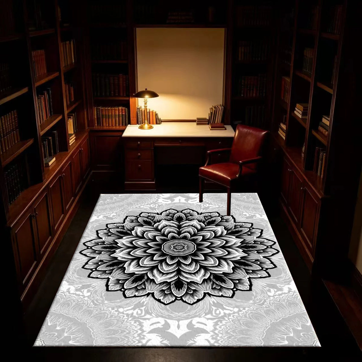 Black and White Gray Mandala Floral Pattern Carpet Floor Non-Slip Mat