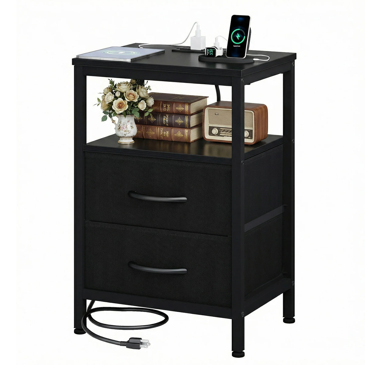 JHK Bedside Table With Fabric Drawers And USB Charging Station