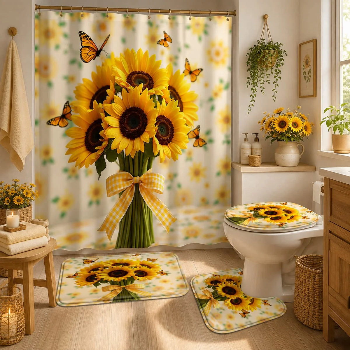 4pcs Sunflower And Butterfly Printed Shower Curtain Set - High-Quality Shower Curtain with 12 Hooks, Non-Slip, Toilet And U-Shaped - Modern Decorative Bathroom