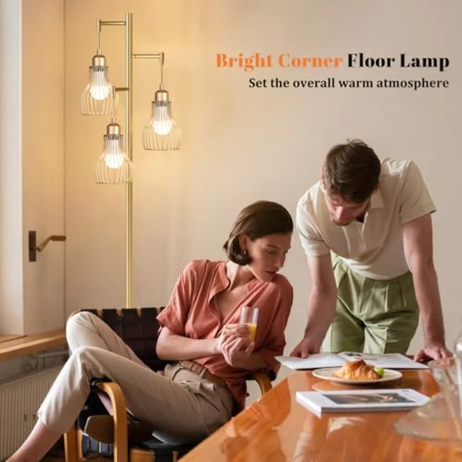Dimmable Gold Floor Lamps for Living Room, Farmhouse Tree Standing Tall Lamp with Remote Control 3 Elegant Cage Shade LED Bulbs