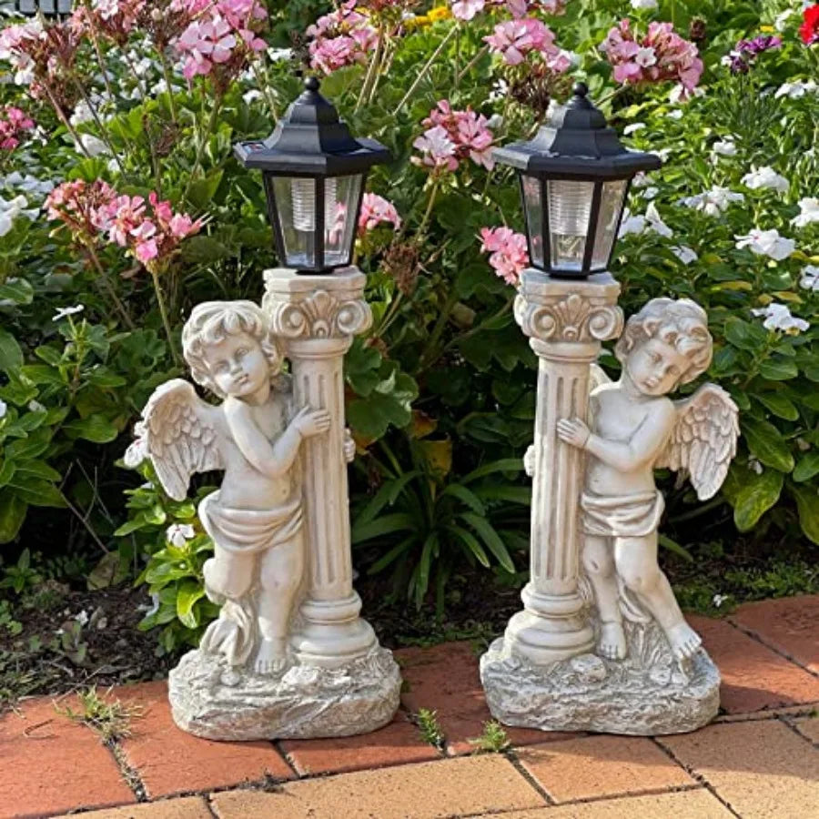 Statue with Solar Lights 19.7 Inch, Outdoor Solar Angel Garden Statue with Roma Pillar for Garden Lawn Deocr, Christian Religio