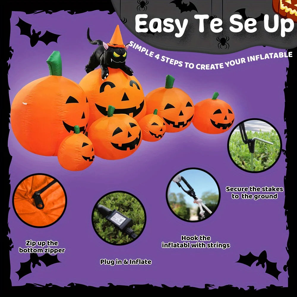 7 FT Long Halloween Inflatables Pumpkin Outdoor Decorations 7 Pumpkins Outside Decoration with Witch's Cat with Build-in LEDs Blow Up Inflatables for Party Yard Lawn Garden Decor