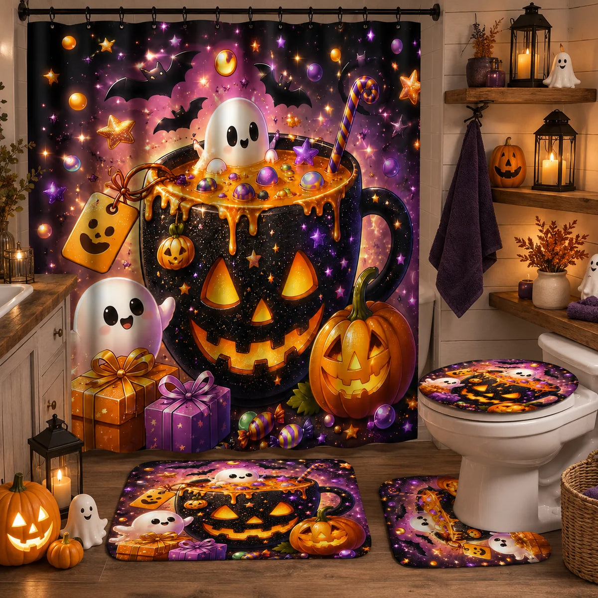4pcs Halloween Glitter Star Pumpkin Mug Cute Ghost Candy Gift Box Shower Curtain Set, Halloween Decor Bathroom Curtain Set With 12 Hooks Include Non-Slip Bathroom, Toilet U-Shape, Toilet Lid Cover, Fashion Bathroom Accessorie