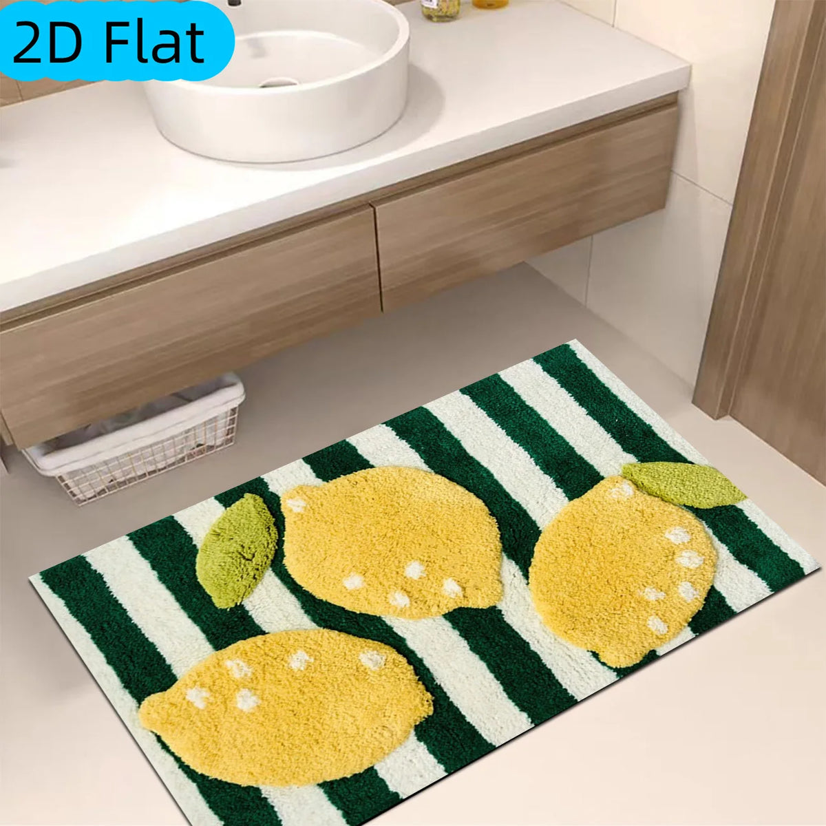 [2D Flat]1pc Green And White Striped with Lemon Pattern Bathroom Mat, Velvet Material, Short Pile, Non-Slip, Absorbent, Suitable for Bathroom Anti-Slip