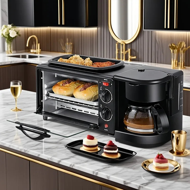 3-in-1 Breakfast Machine with Automatic Shutoff Non-Stick Coating for Easy Cleaning Sear Eggs Toast Bread Make Coffee Timer Function