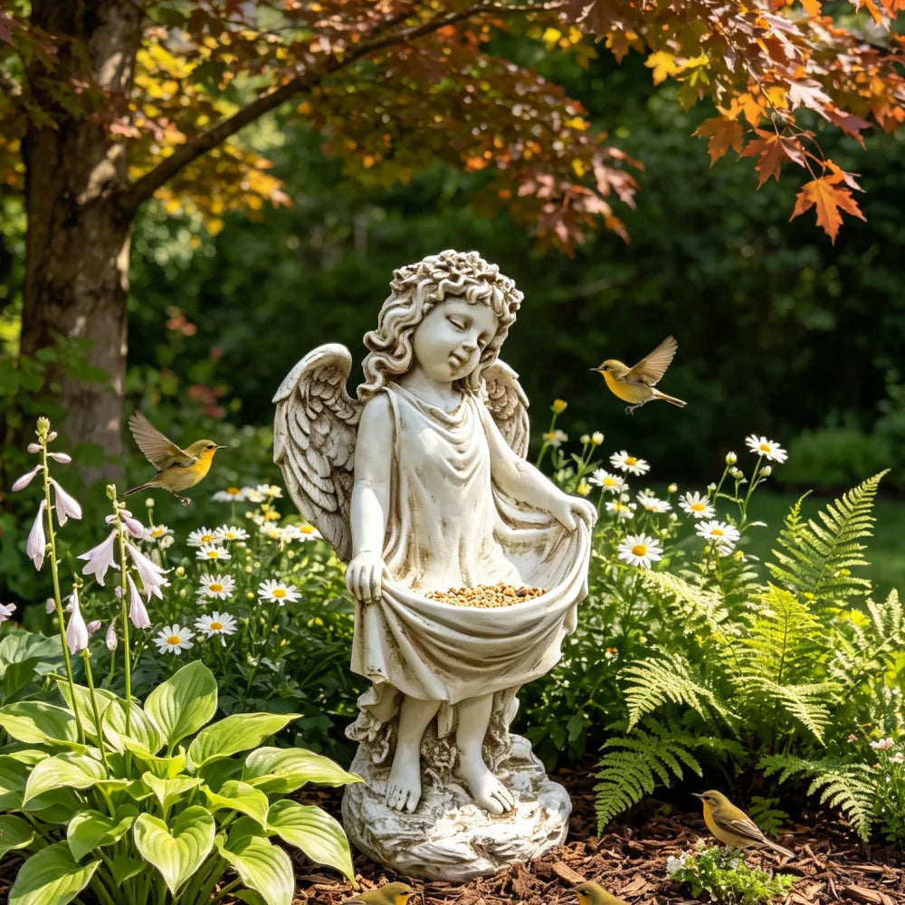 21.06" Tall Weathered Angel Cherub Garden Statue, Resin Dress Sculpture Figurine, Decorative Outdoor Yard Lawn Patio Backyard Landscape Ornament Decoration