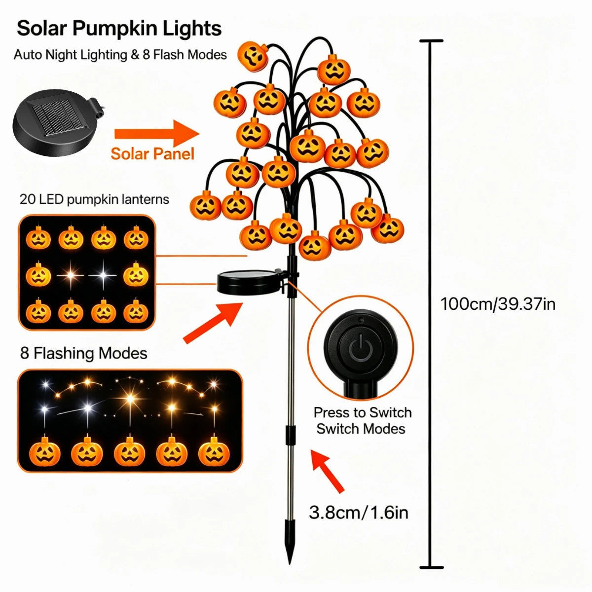 1 Set / 2 Sets of Halloween solar swaying pumpkin lamps, Floor-standing lamps, Decorative lights for creating a terrifying outdoor Halloween atmosphere. One lamp features 20 warm white LEDs, an extended support pole of 100cm,