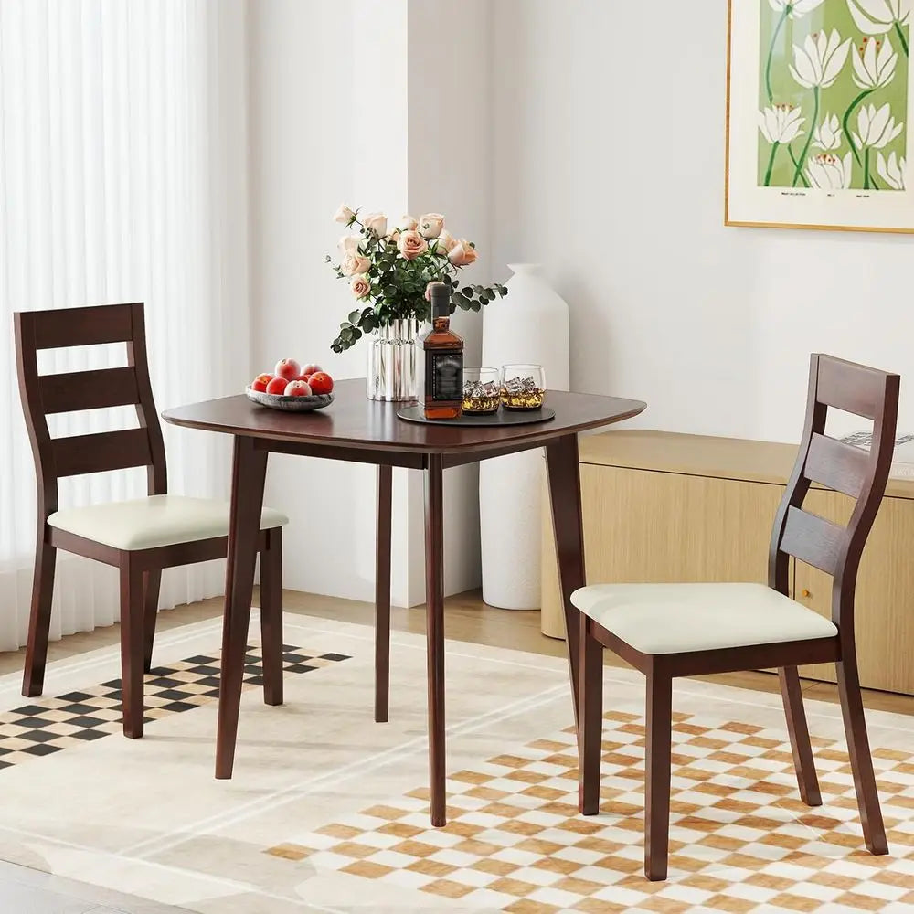 3-Piece Dining Table Set or 2, Wooden Square Kitchen Table and 2 Chairs with Padded Seat, Ladder Back, Space-Saving Dinette Set