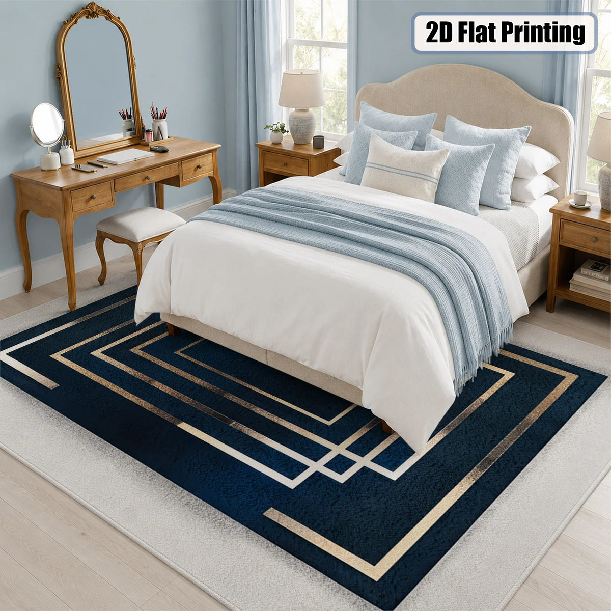 Large Indoor Area Rug, Soft Velvet Low Pile Non-Slip Dotted Backing Machine Washable, Navy Blue & Gold Geometric Rectangular Pattern, Ideal for Living Room Bedroom Entryway Home Floor Decor