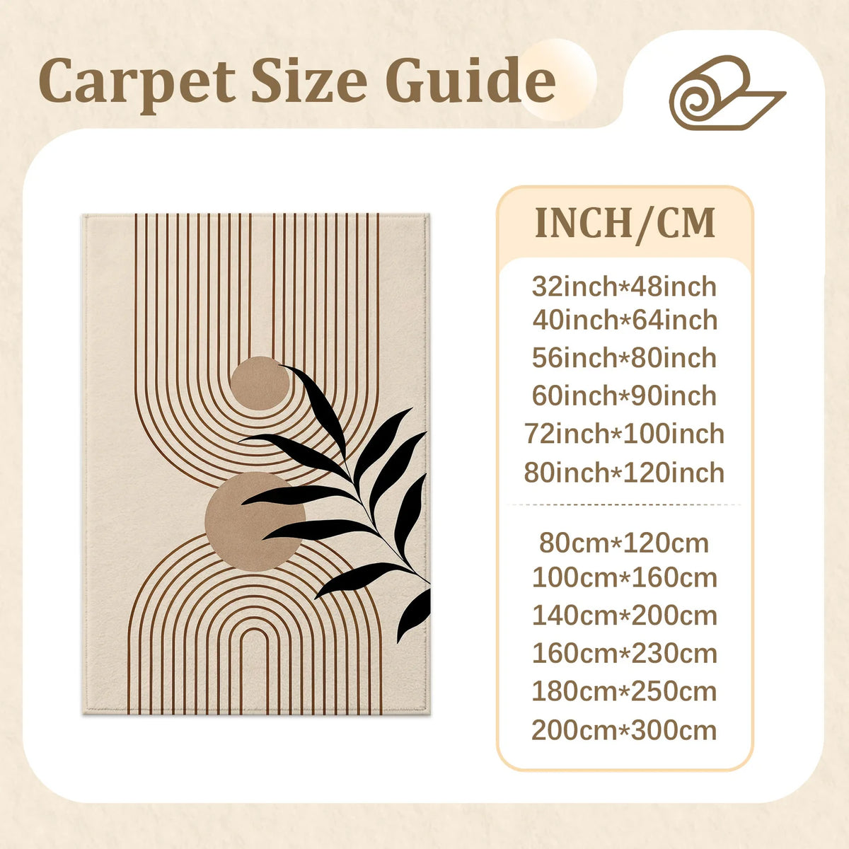 Large Indoor Area Rug, Soft Velvet Low Pile Rug with Non-Slip Dotted Backing, Machine Washable Modern Abstract Line & Black Leaf Pattern Neutral Beige Floor Mat for Living Room, Bedroom
