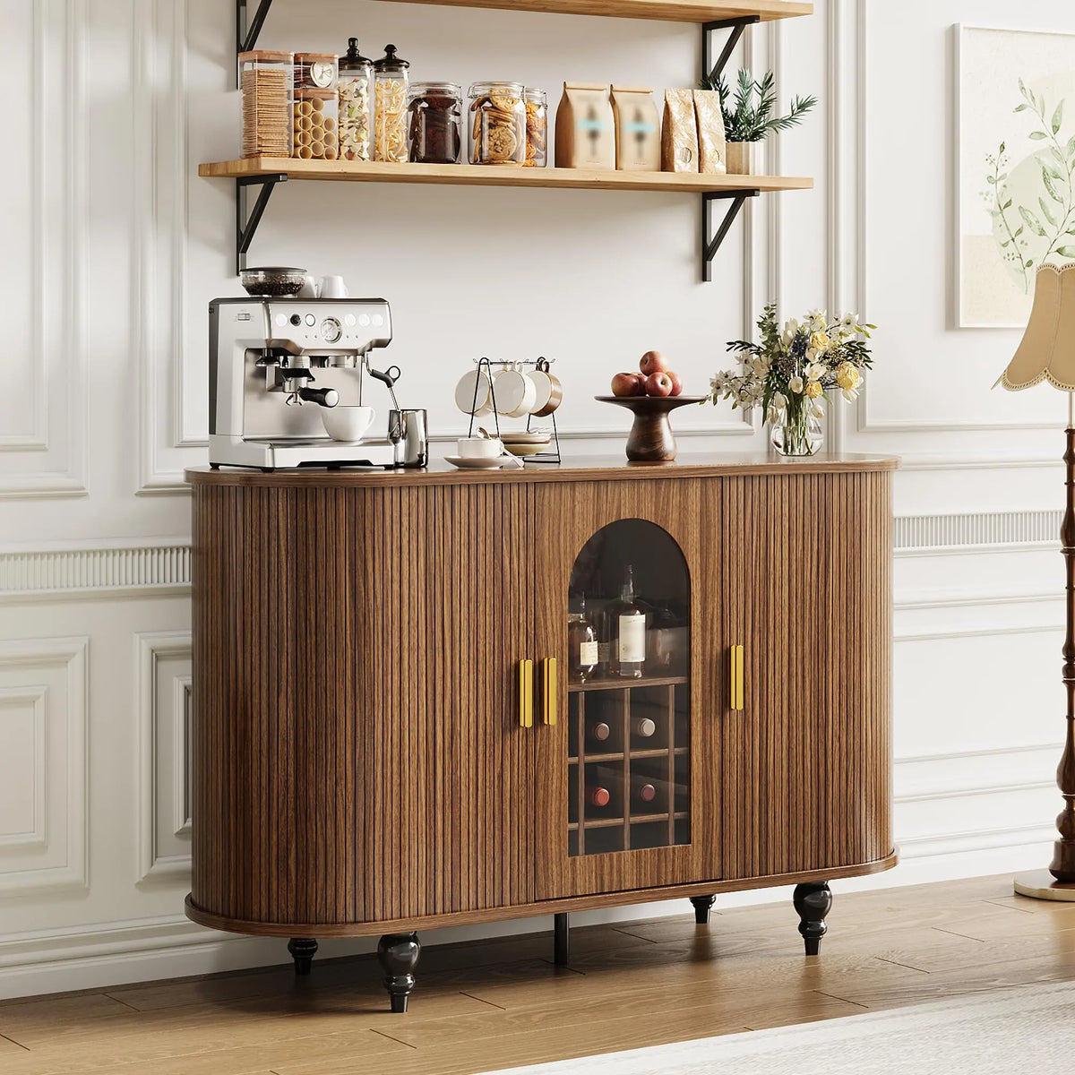 55in Mid Century Modern Bar Cabinet, Glass Doors, Sliding Door, Wine Rack & Glass Holder, Buffet Sideboard, Kitchen, Living Room