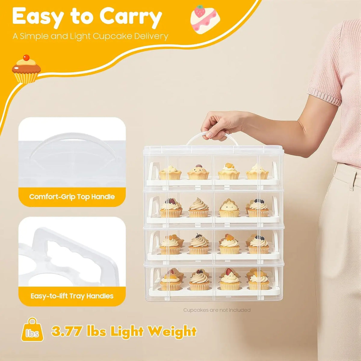 4-Tiers Cupcake Carrier, Cupcake Holder, Cupcake and Brownie Storage Container, Stacking Cupcake Storage Container Store up to 48 Cupcakes
