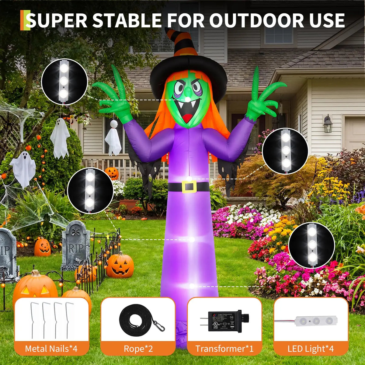 12ft Halloween Witch Inflatable Outdoor Yard Decoration With 4 Led Lights, Blower, Stakes & Ropes For Lawn Porch Haunted House Party