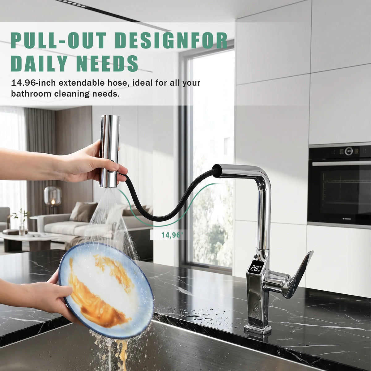 Touchless Kitchen Faucet Chrome LED Display Motion Sensor Sink Mixer with 3-Function Pull Down Sprayer 360° Swivel Spout