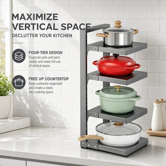 Black Height-Adjustable 4-Layer Stainless Steel Kitchen Storage Rack Multi-Layer Drain Organizer for Pots Pans Tableware under Cabinet Pot Storage Shelf