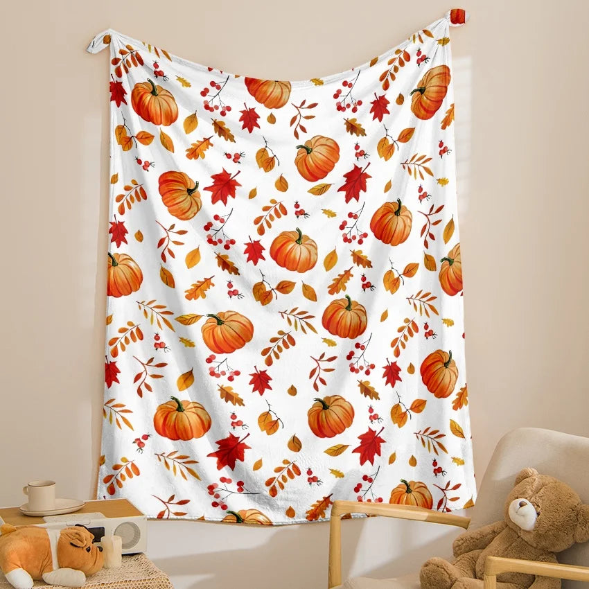 1 Autumn Leaves and Pumpkin Print Flannel Blanket, Soft Warm Throw for Sofa, Office,, Camping, Travel, Multi-Purpose Holiday Gift