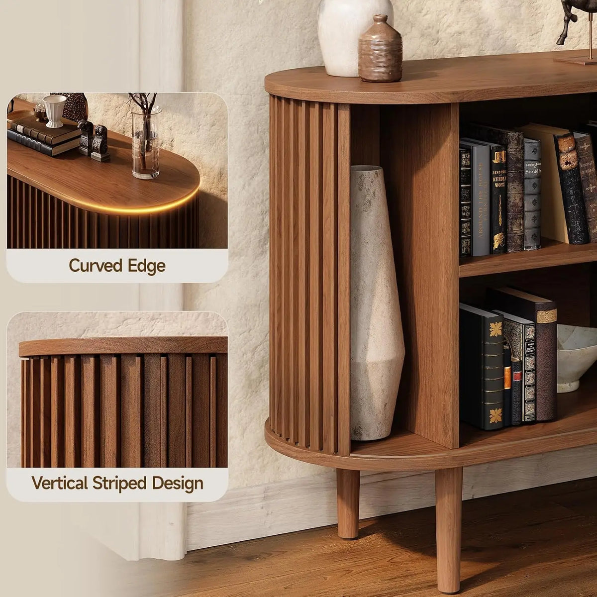 55" Sideboard Cabinet Buffet Storage - Mid-Century Modern Coffee Bar Table w/2 Doors, Adjustable Shelves, Walnut Finish | Kitchen, Dining Room Furniture
