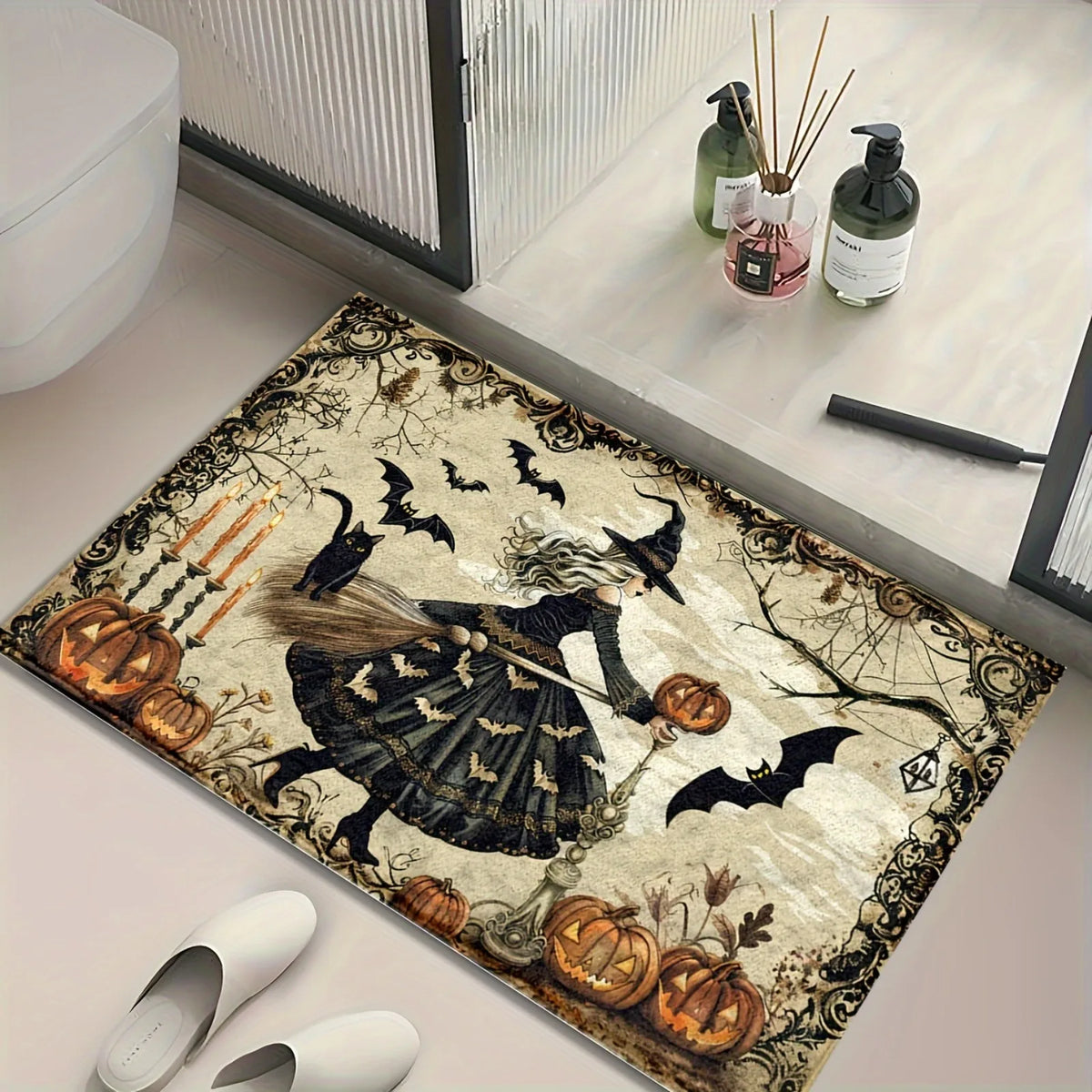1pc 2D Flat Halloween Bathroom Mat Microfiber Non-slip Mat, Wicked Witch Pattern, Imitation Cashmere Material, Machine Washable, Halloween Decoration, Suitable for Kitchen, Bathroom, Shower, Can Be Given as a Gift, 2D Flat