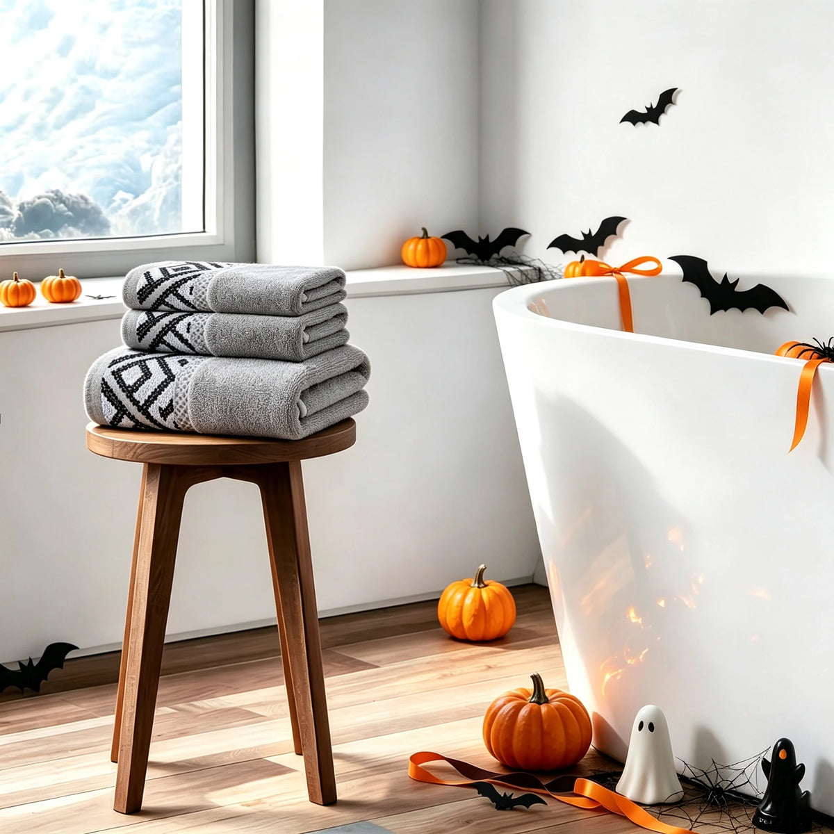 Halloween Themed Geometric Jacquard Towel Set, 100% Cotton Soft Highly Absorbent Bathroom Towels, Bath Towel & Hand Towel 3 Pack