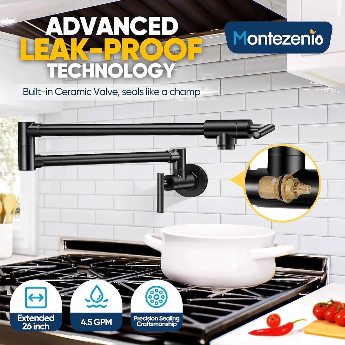26 Inch Wall Mount Pot Filler Faucet Matte Black Solid Brass Foldable Extendable Swing Arm Kitchen Water Tap for Home Kitchen Cooking Pot Fill
