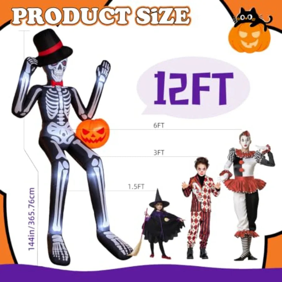 Halloween outdoor blow up decor: 12FT sitting skeleton with pumpkin, PVC material, black/white, built-in LEDs, quick inflation