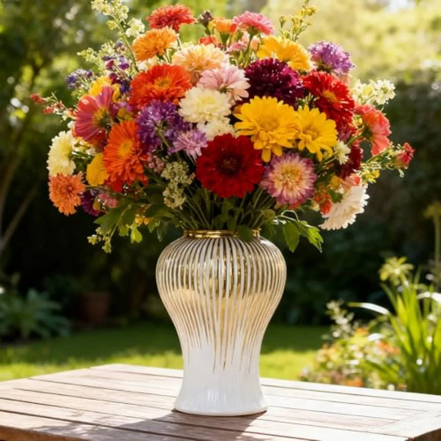 Centerpieces use: white and gold ginger jars vintage-style vase with lid 14 in tall ceramic material white-gold finish elegant
