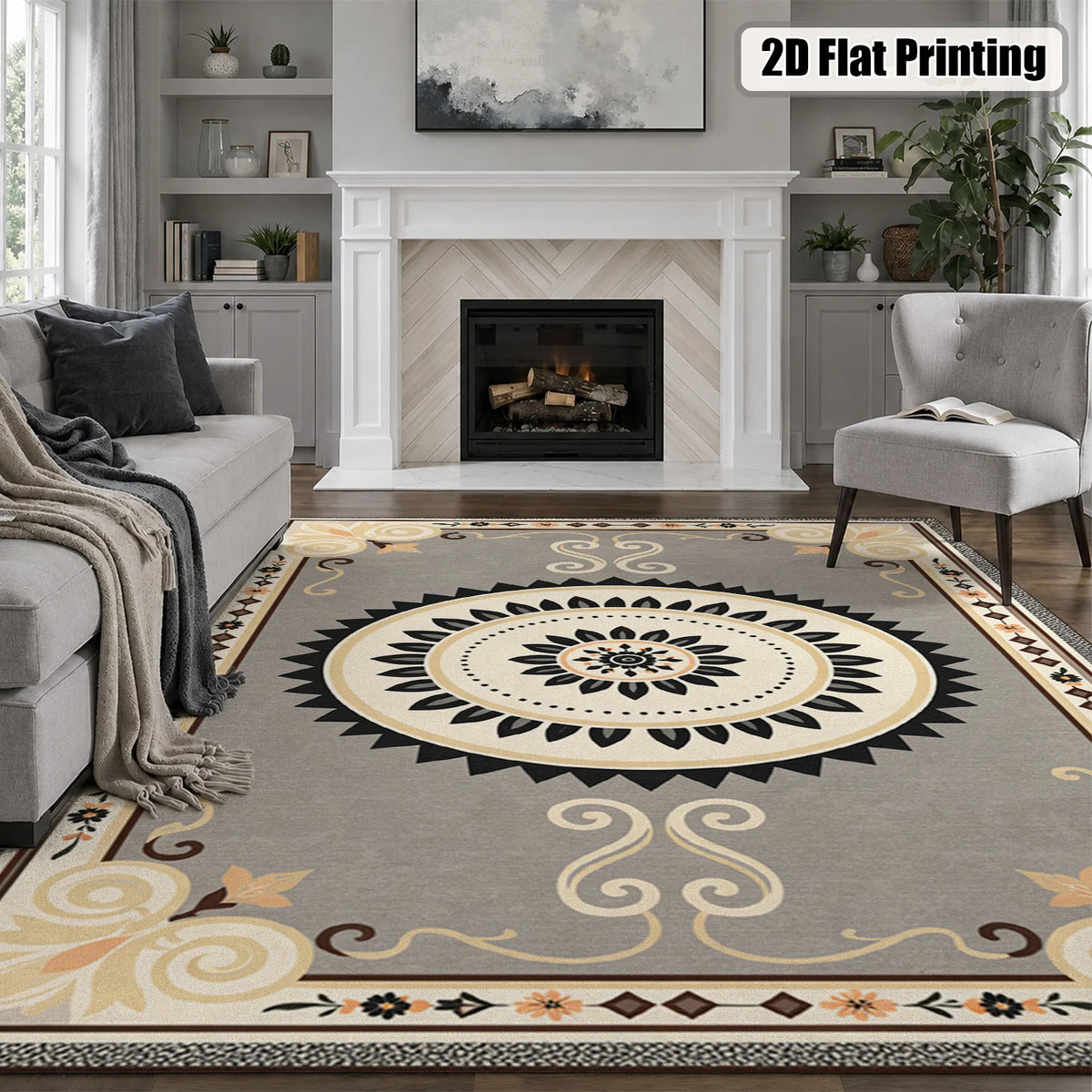 Decorative Mandala Floral Pattern Area Rug, Velvet Machine Washable, Suitable for Living Room Bedroom Dining Room Entryway, Ideal for Halloween Thanksgiving Christmas New Year Black Friday Cyber Monday Home Decoration
