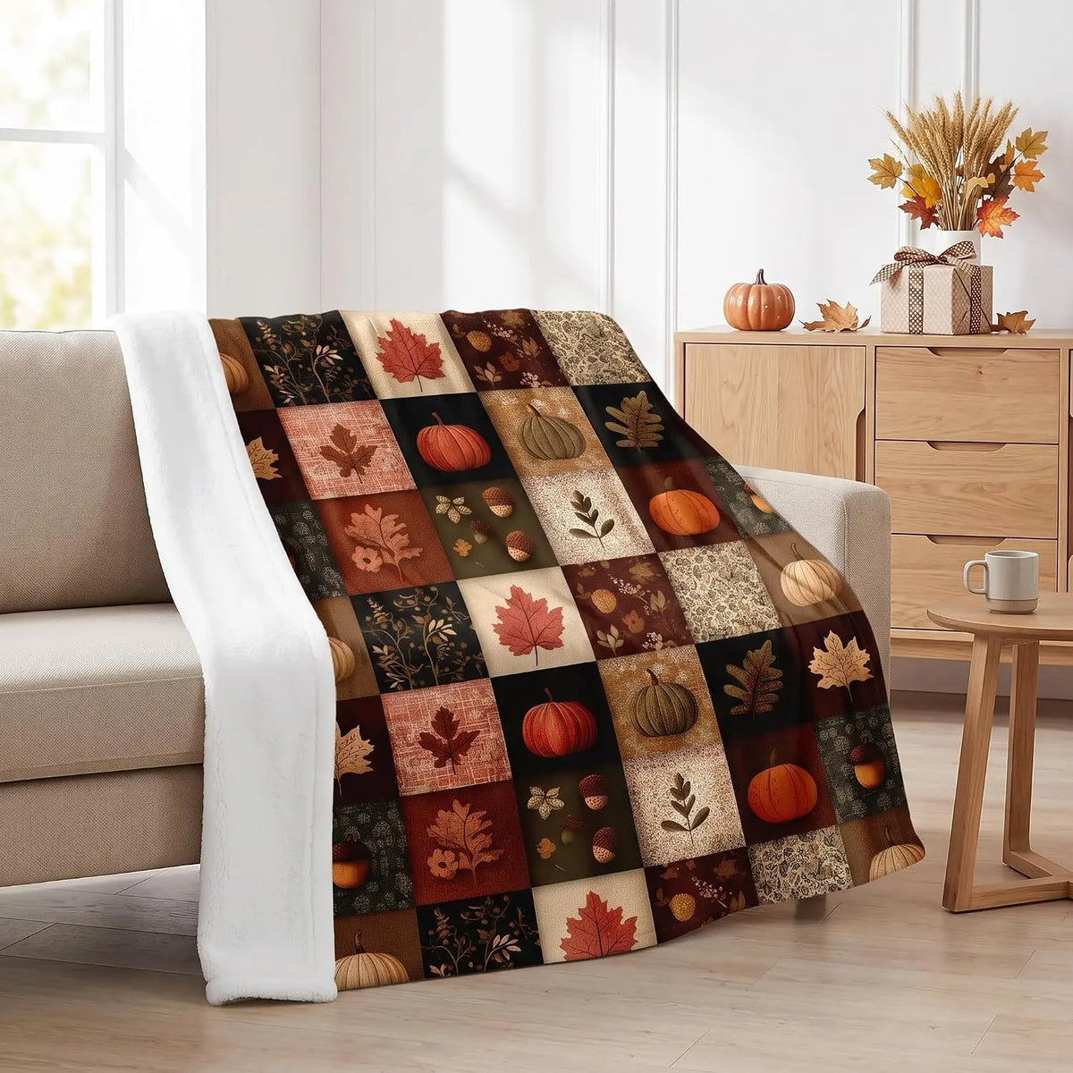 Fall Blanket 50"x60" Autumn Plaid Pumpkin Maple Leaves Acorns Throw Blankets Seasons Soft Warm Cozy Lightweight Rustic Harvest Thanksgiving Flannel Throw Blanket for Couch,Bed,Living Room,Dorm,Travel
