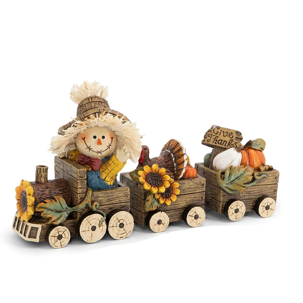 Hodao Scarecrow Resin Fall Harvest Train Figurine, Locomotive with Turkey Pumpkin Sunflower Wagons, Thanksgiving Tabletop Decoration, Rustic Autumn Farmhouse Shelf Sitter Ornament for Mantel, Home, Patio and Seasonal Holiday