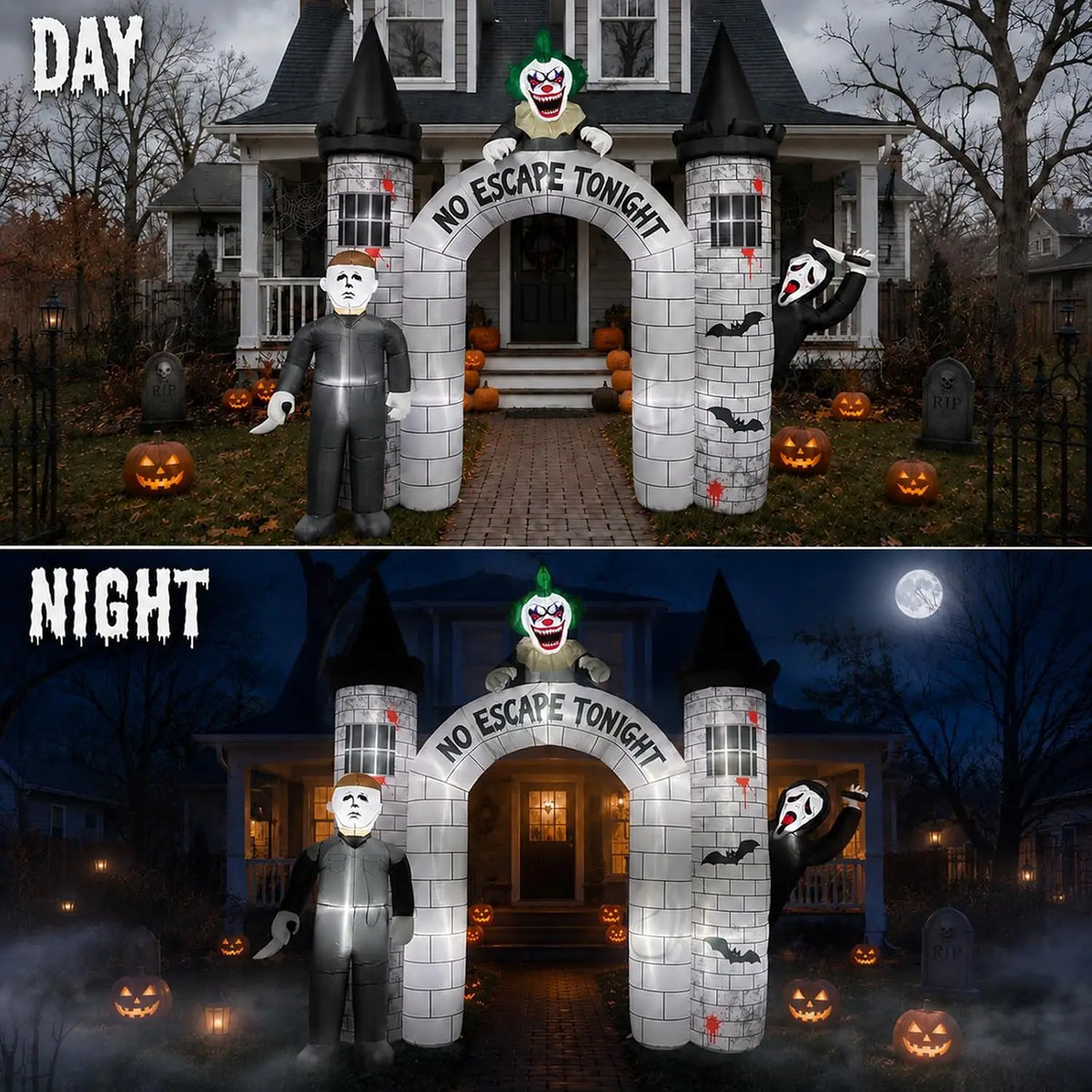 Outdoor Halloween Archway Inflatable with Built-In LEDs | 10FT Blow Up Arch for Yard Haunted House Decorations Featuring 3 Killer Characters | Easy Setup Inflatable Entrance for Indoor, Lawn & Garden