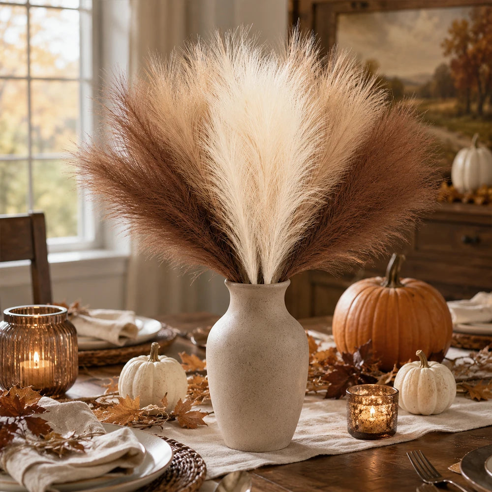 19 Inch 18pcs Artificial Pampas Grass Decor,Coffee Beige Brown Faux Pampas Fluffy for Boho Decor Home Bedroom Living  Room Wedding Decoration, Vase Filler Autumn Flower Arrangement