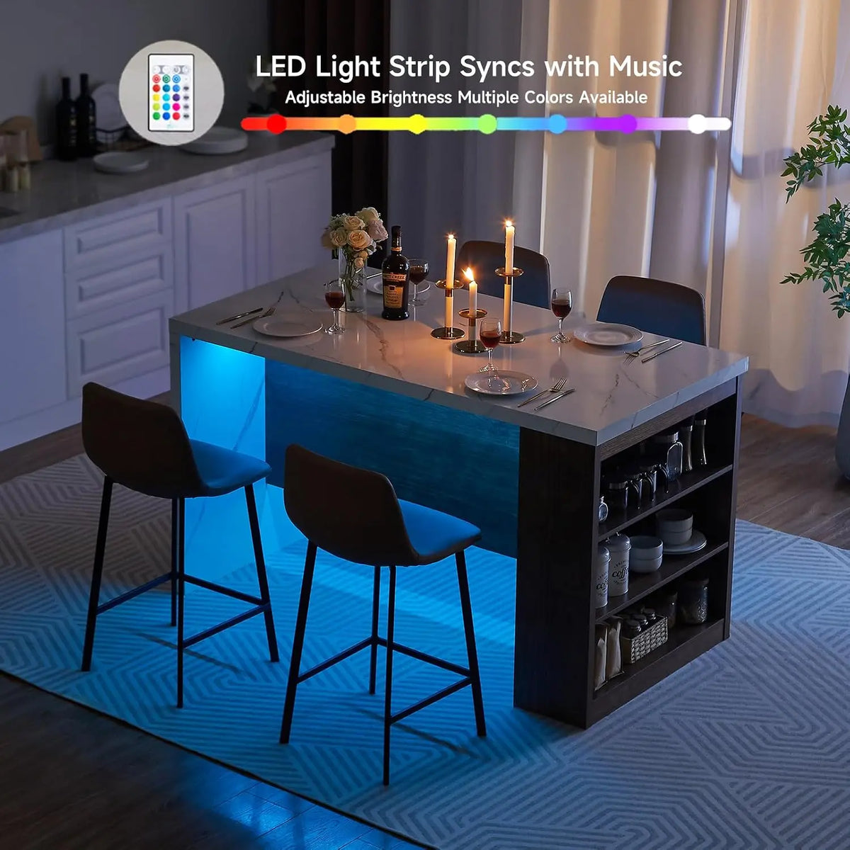 ONBRILL 61 x 31 Inch Kitchen Island Table for 4, Modern White Marble-Look One-Piece Tabletop, 1.8-Inch Thick Top, RGB LED Light, 2 AC Outlets, 2 USB Ports & 3-Tier Adjustable Shelf for Kitchen Dining Room Home Office