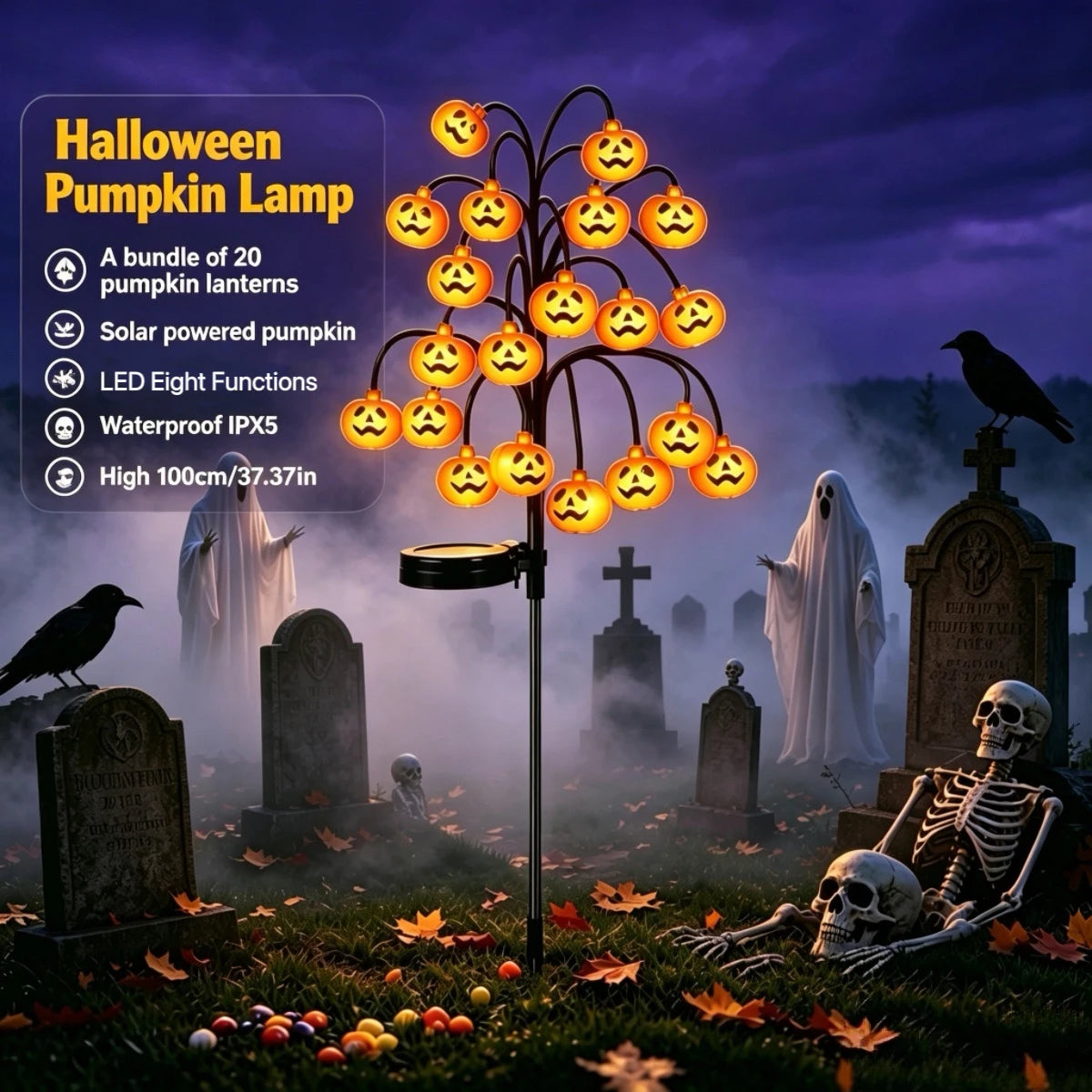 1 Set / 2 Sets of Halloween solar swaying pumpkin lamps, Floor-standing lamps, Decorative lights for creating a terrifying outdoor Halloween atmosphere. One lamp features 20 warm white LEDs, an extended support pole of 100cm,