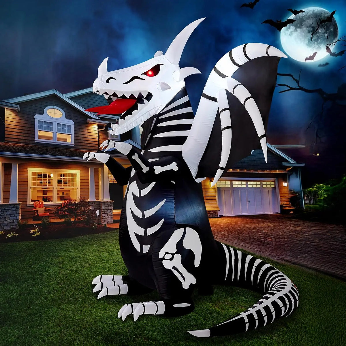Halloween Inflatable Skeleton Dragon, 8 FT Tall Outdoor Blow-Up Yard Decoration with Red LED Eyes, Scary Halloween Decorations for Lawn and Garden, Inflatable Dragon Yard Display