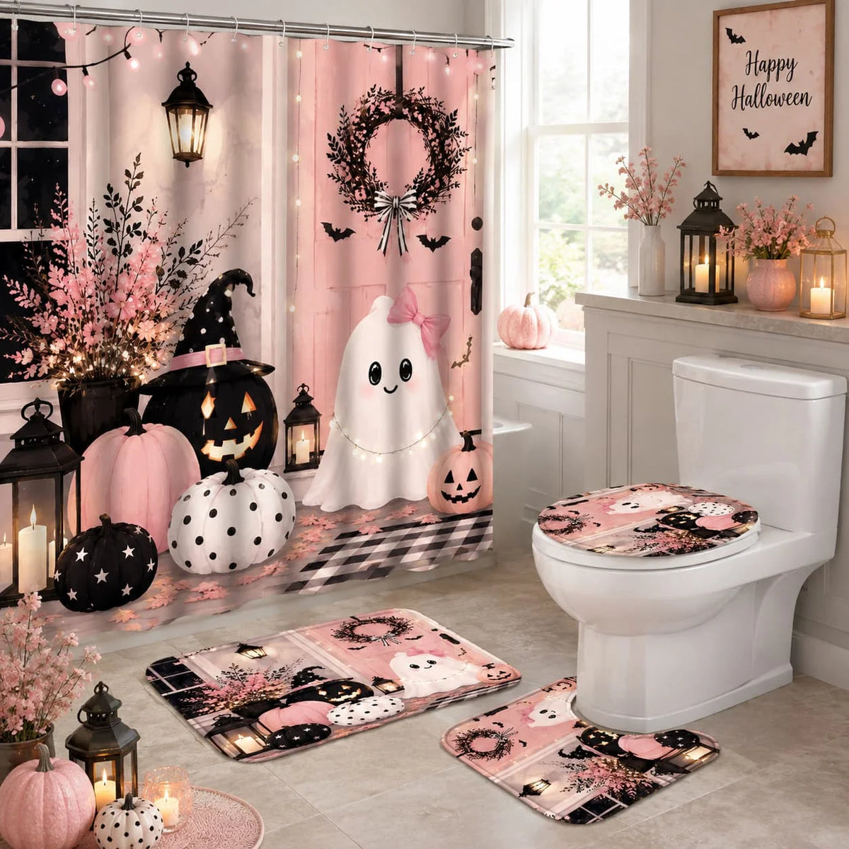 2D Flat, 4pcs 2D Flat Pink Halloween Shower Curtain Set, Cute Ghost Pumpkins Bathroom Decor, Additions with, U-Shaped, Toilet Lid Cover, Shower Curtain Includes Hooks, Spooky Season Decor, Home Decor, Bathroom Additions