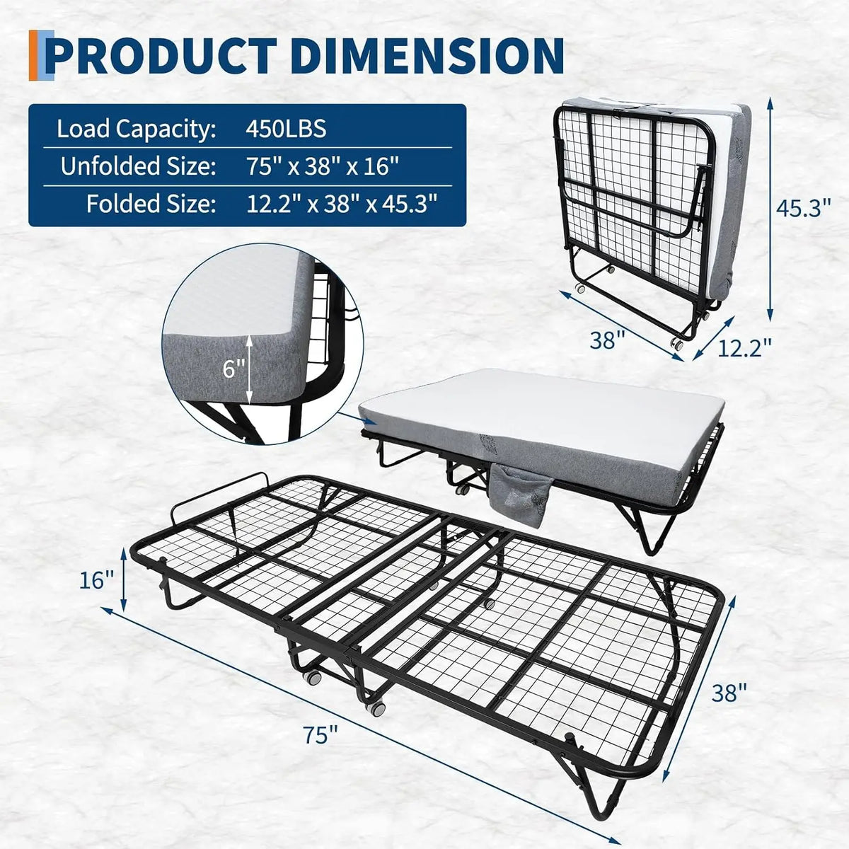 Portable Folding Bed With 6 Inch Memory Foam Mattress Sturdy Steel Frame Foldable Rollaway Guest Bed With Wheels Space Saving Spare Bed For Apartment RV Dorm Overnight Visitors