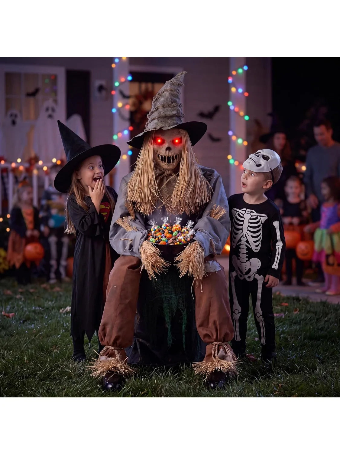 49" Halloween Animatronic Sitting Scarecrow, Halloween Decorations Outdoor Sound Activated Jump Scare Prop with LED Eyes, Spooky Sounds, Scary Haunted House Props for Garden Yard Lawn