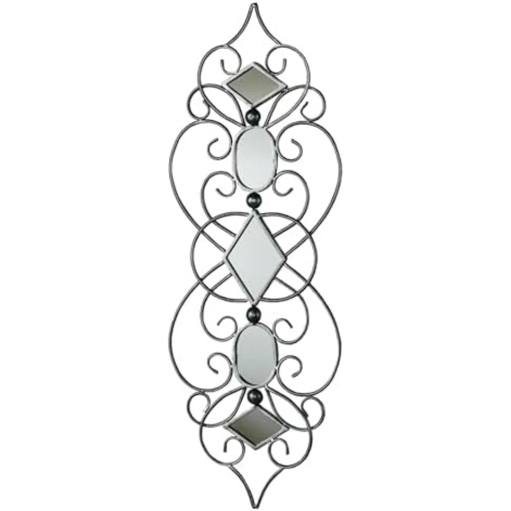 Elegant Silver and Black Scrollwork Mirrored Metal Wall Art | Decorative Hanging Mirror for Various Rooms