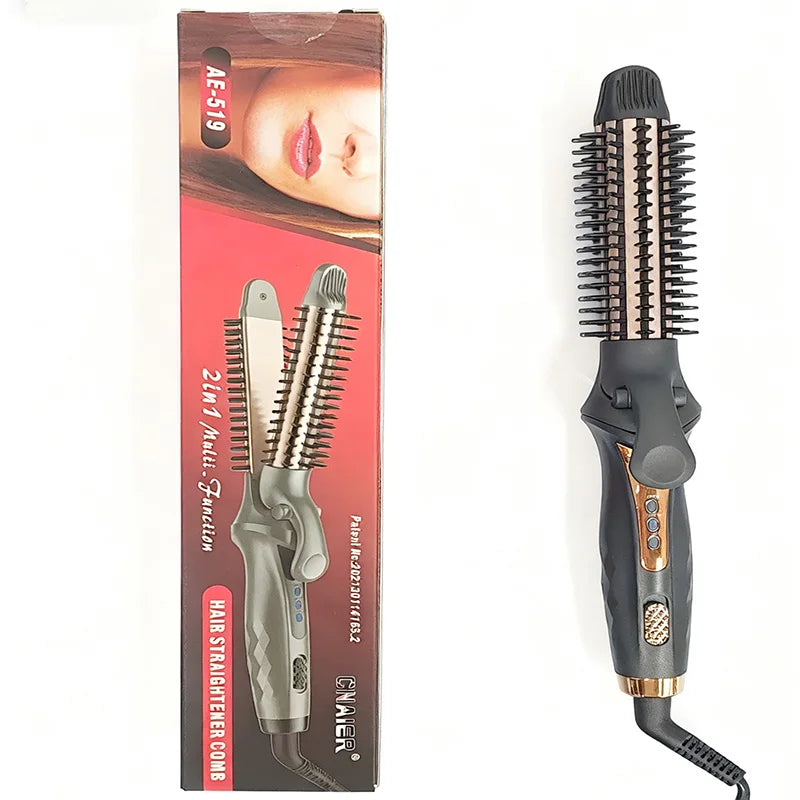 New type of multi-functional LED PTC hair styling tool - electric hair curler and straightening comb - suitable for both home use and travel.