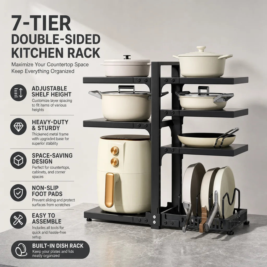 A Height-Adjustable 7-Layer Adjustable Stainless Steel Kitchen Storage Rack, Kitchen Storage Shelf, Multi-Layer Drain Organizer for Pots, Pans and Tableware, Painted Finish, Black, Kitchen Storage | Shelf, Kitchen Sink Under