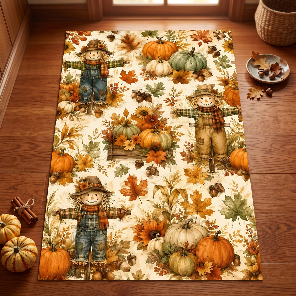 Scarecrow, Pumpkin, Autumn Maple Print, American Retro Style, Living Room, Entryway, Bedroom, Autumn and Winter Velvet Rug Creates a Warm Autumn Harvest Atmosphere