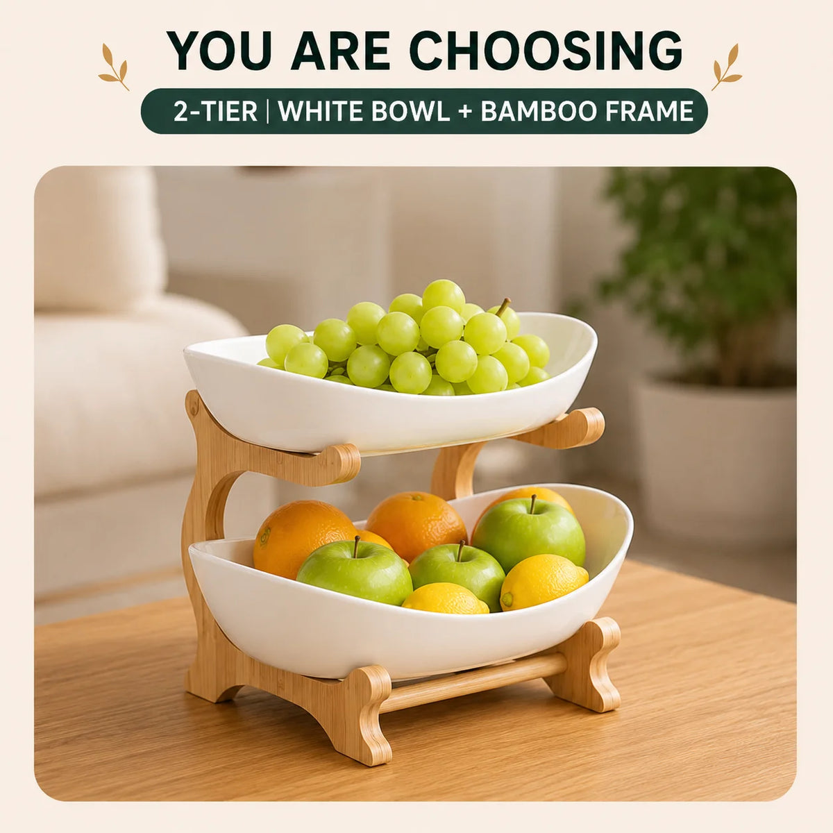 2/3-Tier Fruit Bowl with Stand, Plastic Fruit Basket with Bamboo Frame for Kitchen Countertop, Large Capacity Fruit Display Stand for Fruit, Snacks, Candy, Bread & Party, Gold Fork Included